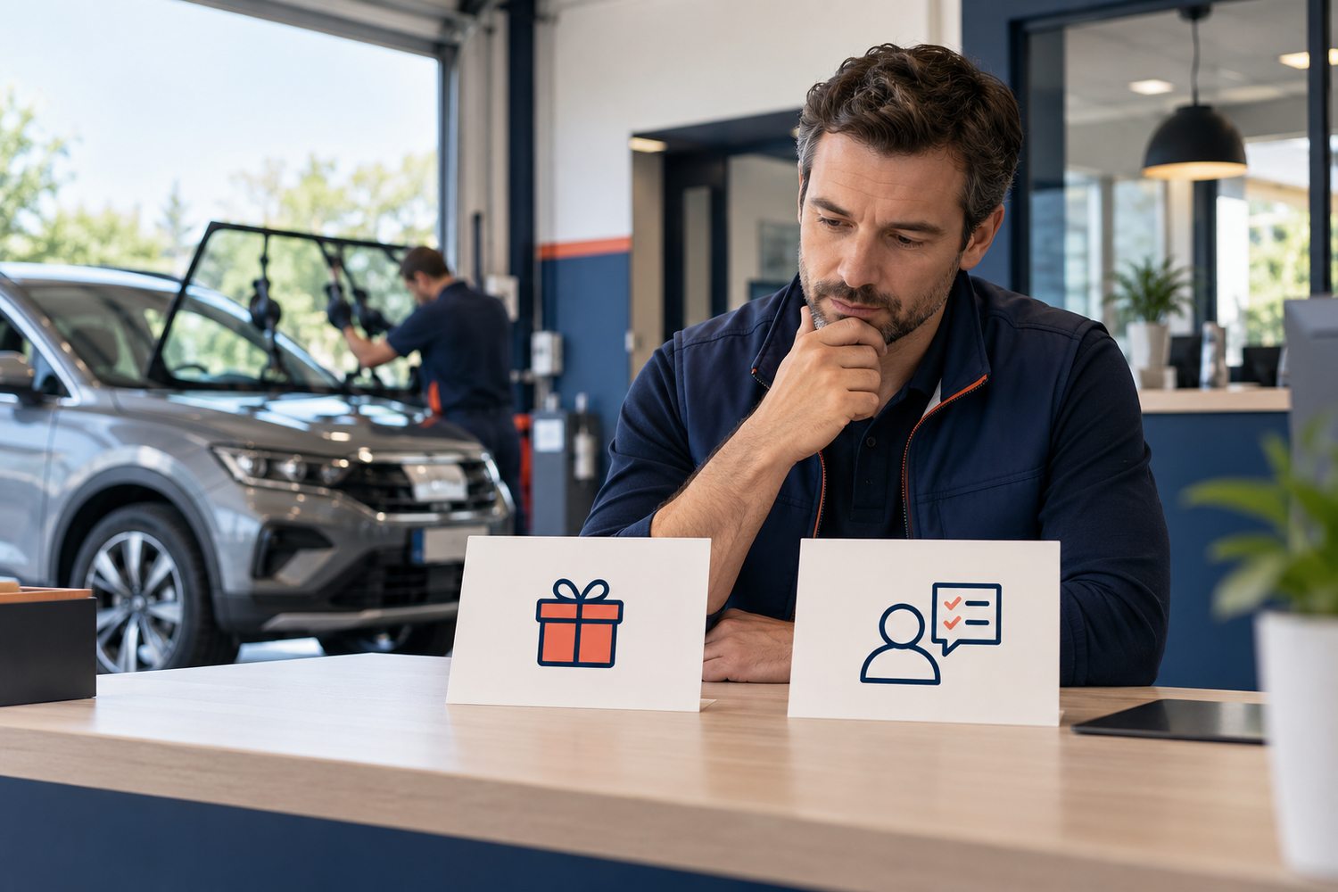 Cadeaux pare-brise : un gérant compare une offre promotionnelle et la qualité du service dans son atelier.