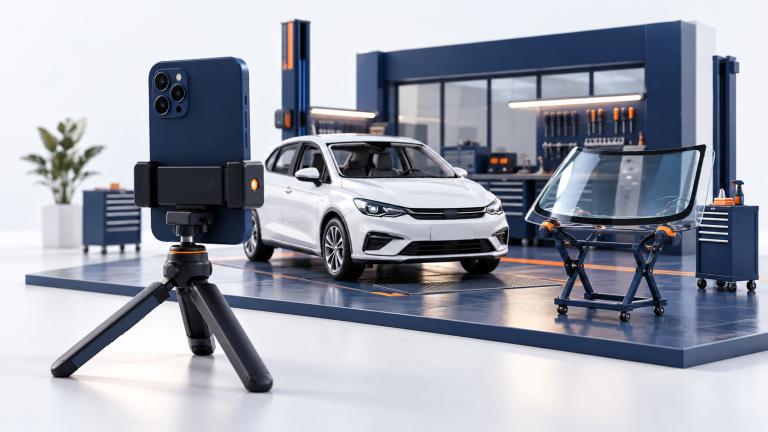 Illustration d’un smartphone sur trépied filmant une voiture et un pare-brise dans un atelier miniature.
