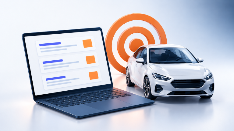 Illustration d’une campagne locale : ordinateur avec résultats de recherche, voiture et cible orange.