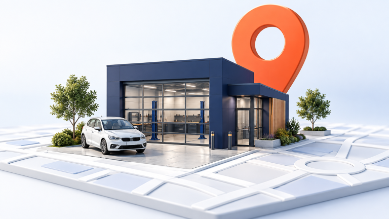 Illustration d’un centre de pare-brise miniature sur une carte, avec un repère de localisation orange.