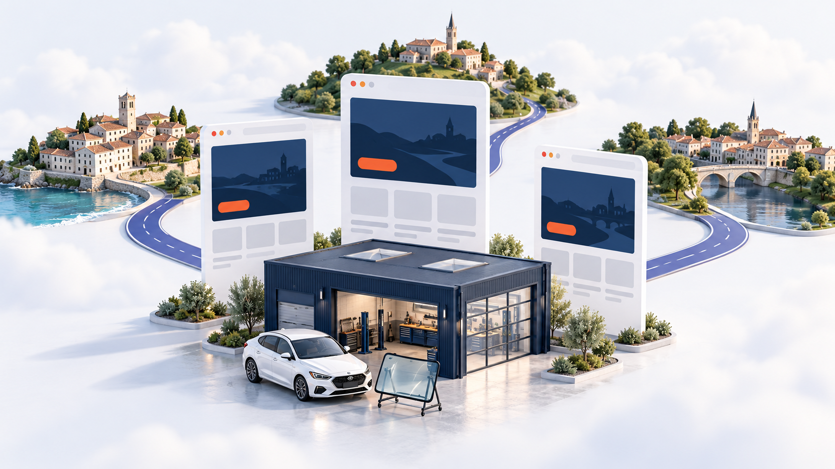 SEO local pare-brise : illustration de pages web reliées à un centre et aux villes réellement desservies.