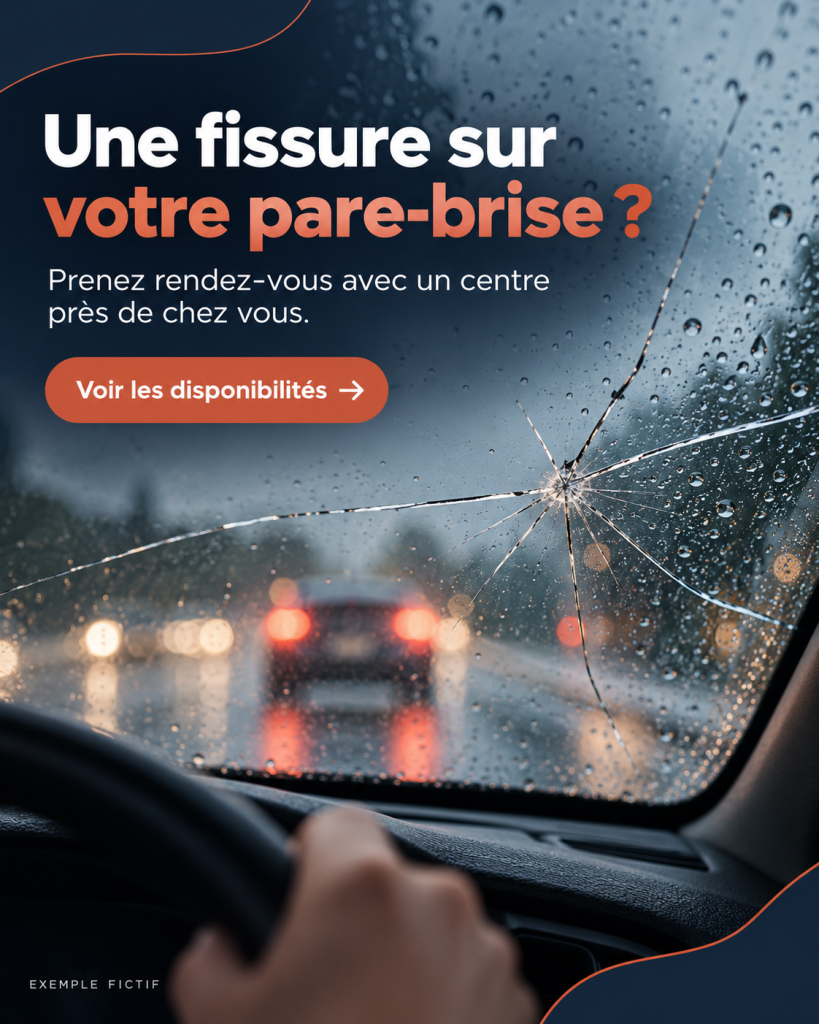 Visuel publicitaire fictif : pare-brise fissuré, invitation à demander une solution locale.