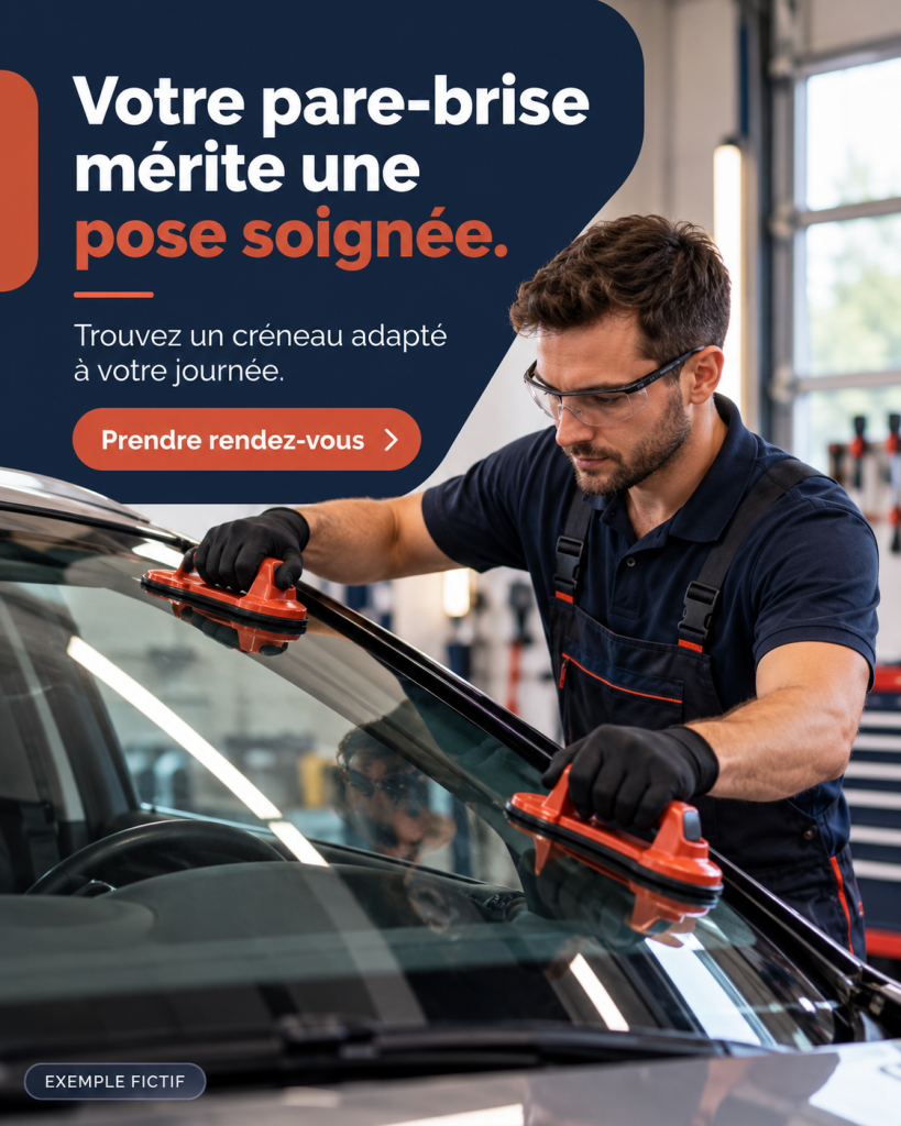 Visuel publicitaire fictif : technicien intervenant sur un pare-brise, promesse de pose soignée.